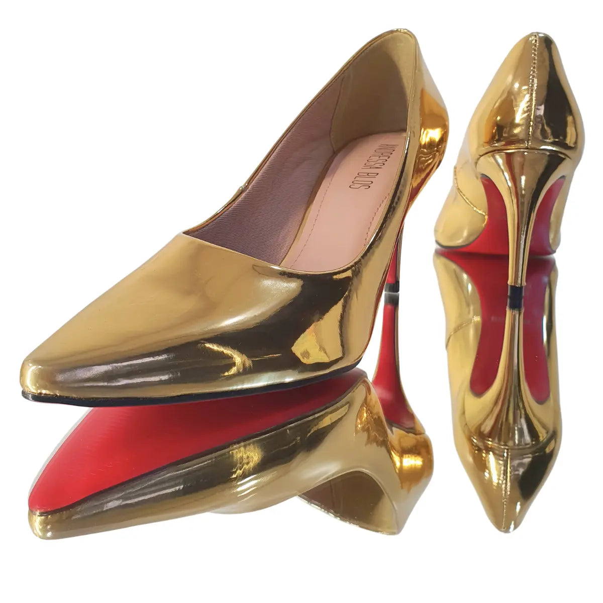 Scarpin Dourado Espelhado Salto Médio 8cm Sola Vermelha