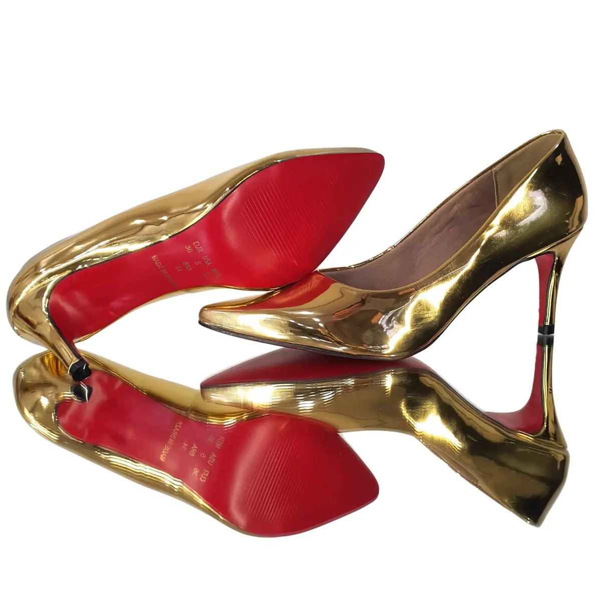 Scarpin Dourado Espelhado Salto Médio 8cm Sola Vermelha