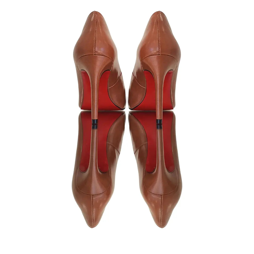 Scarpin Caramelo Acetinado Salto Alto 10cm Sola Vermelha