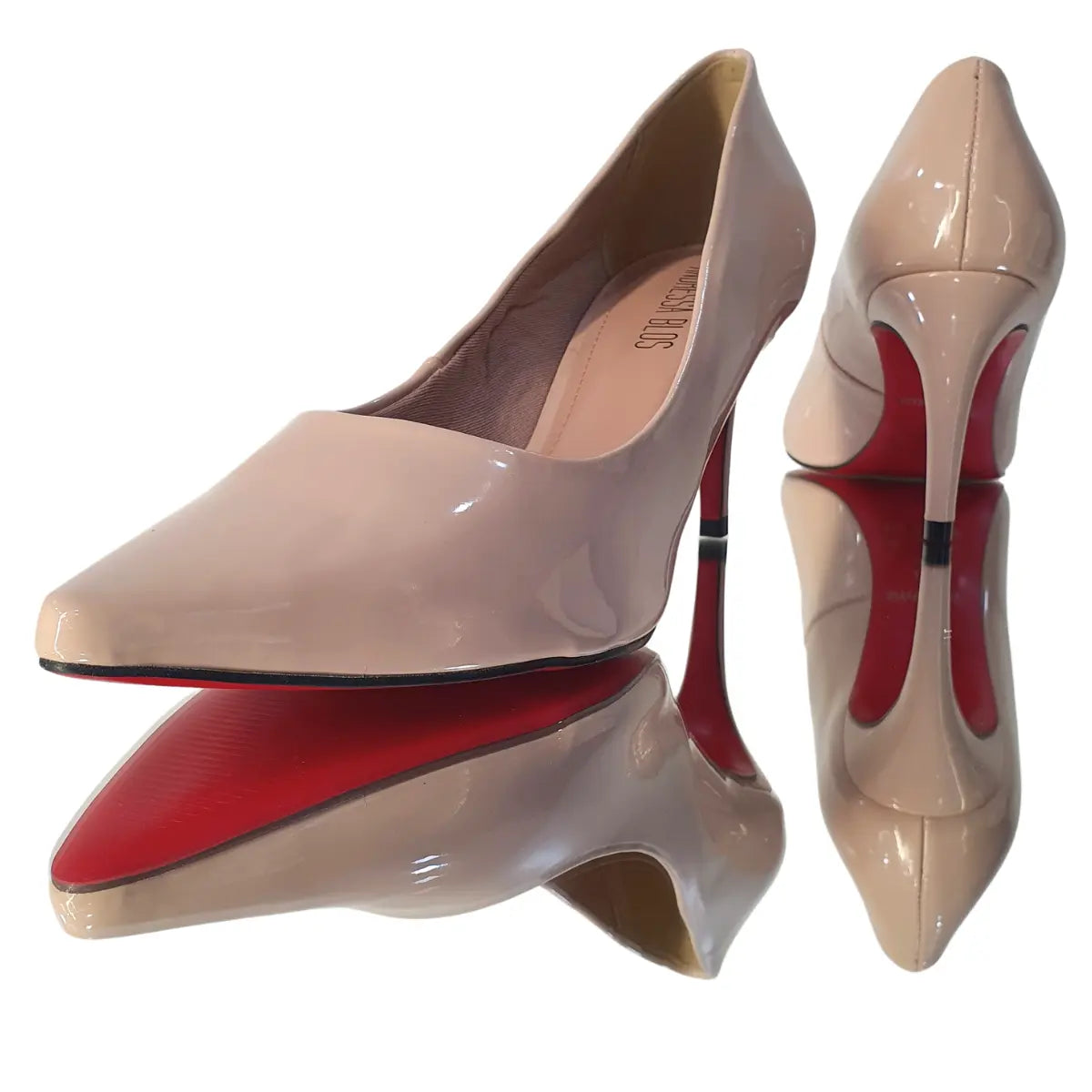 Scarpin Nude Verniz Salto Médio 8cm Sola Vermelha