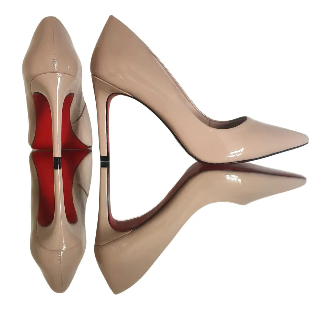 Scarpin Nude Verniz Salto Alto 10cm Sola Vermelha