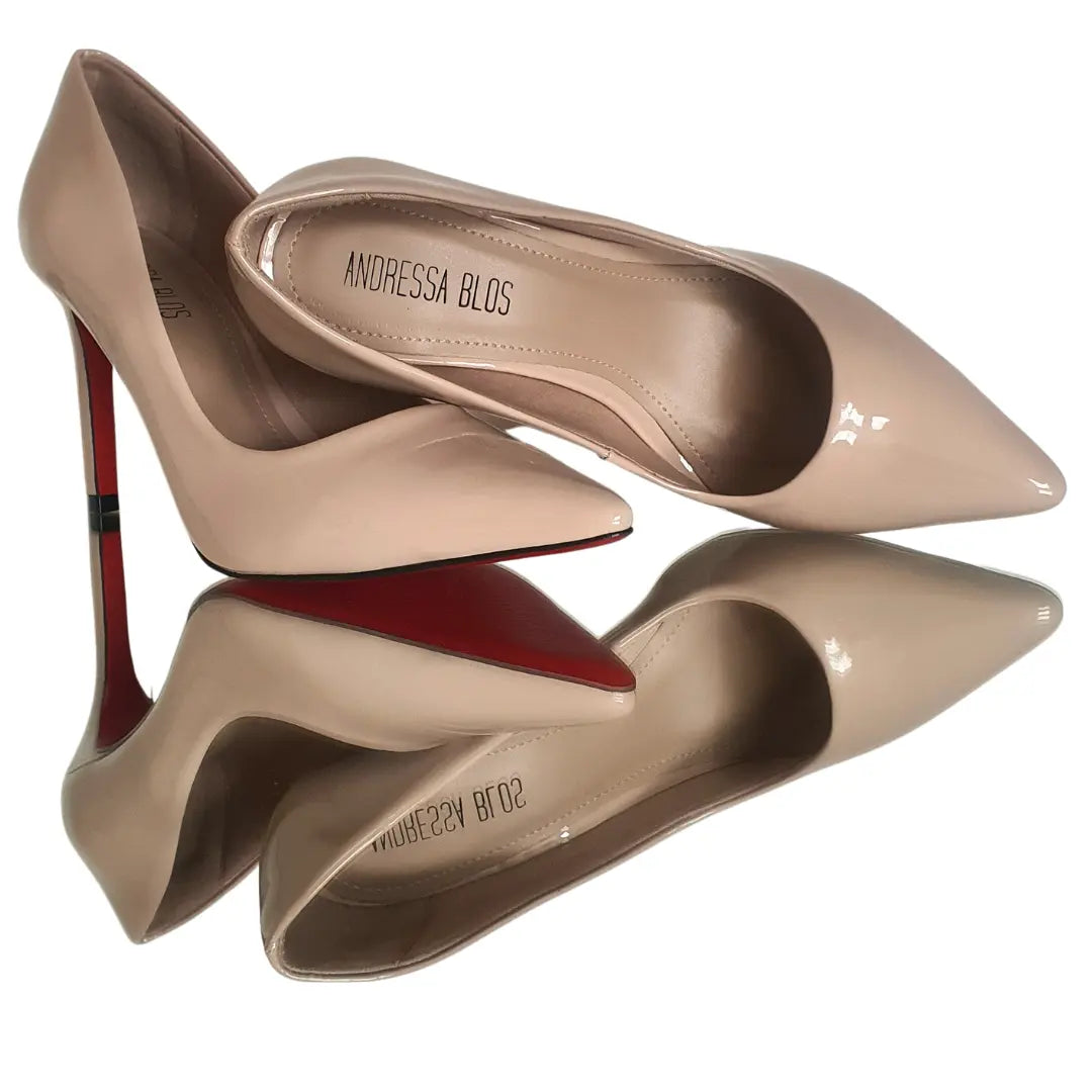 Scarpin Nude Verniz Salto Alto 10cm Sola Vermelha