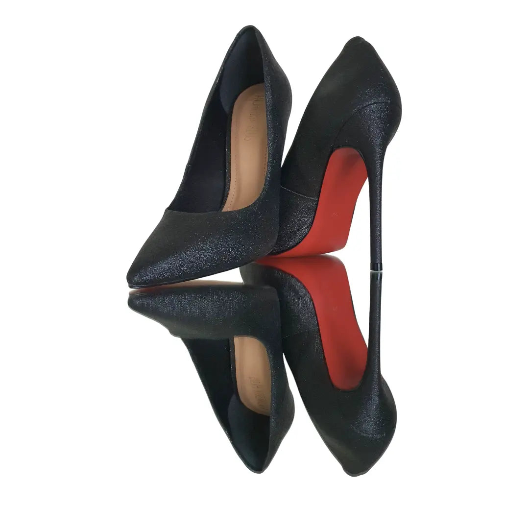 Scarpin Preto Glitter Salto Alto 12cm Sola Vermelha
