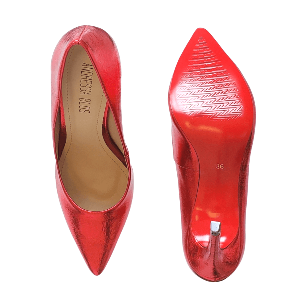 Scarpin Vermelho Metalizado Salto Alto 10cm Sola Vermelha
