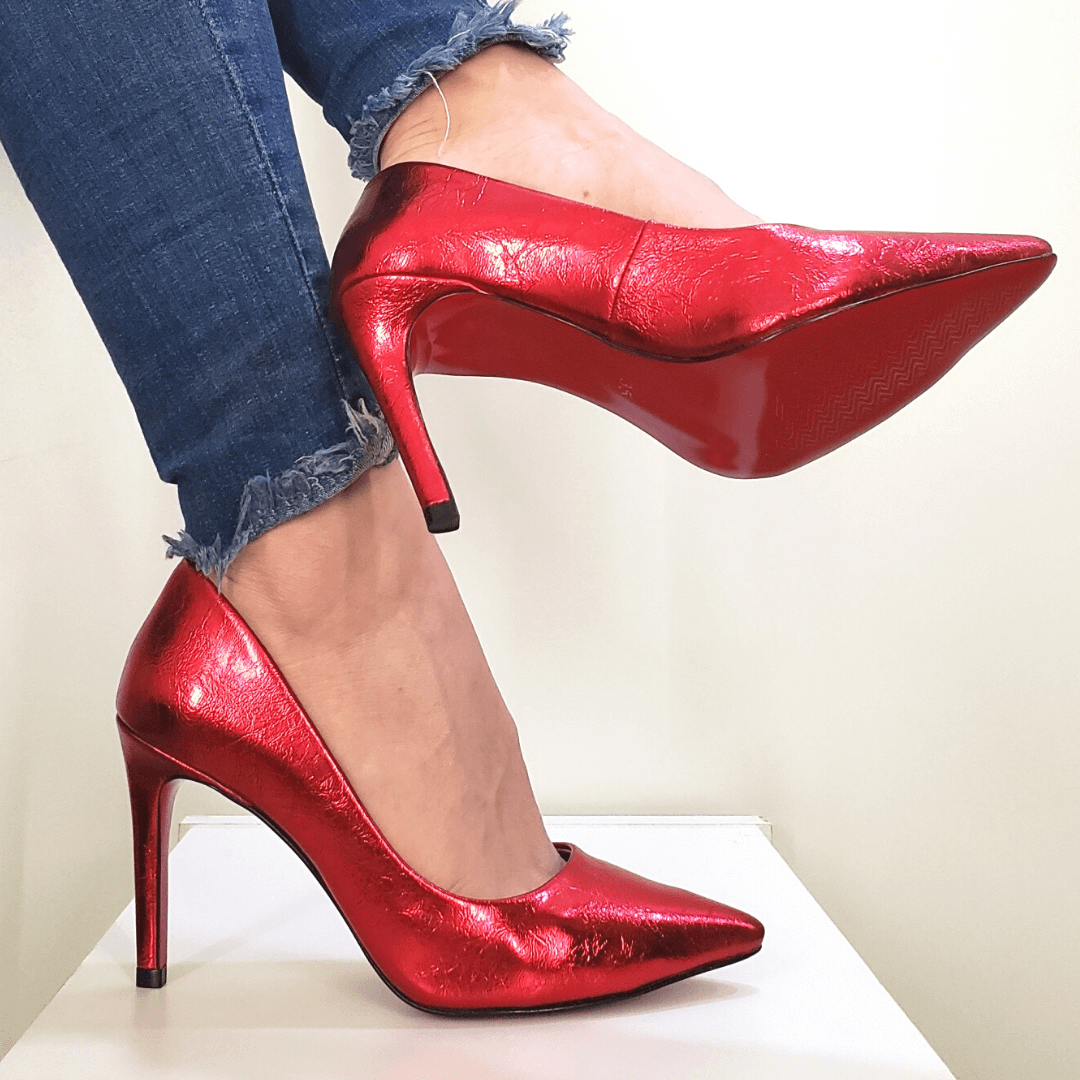 Scarpin Vermelho Metalizado Salto Alto 10cm Sola Vermelha