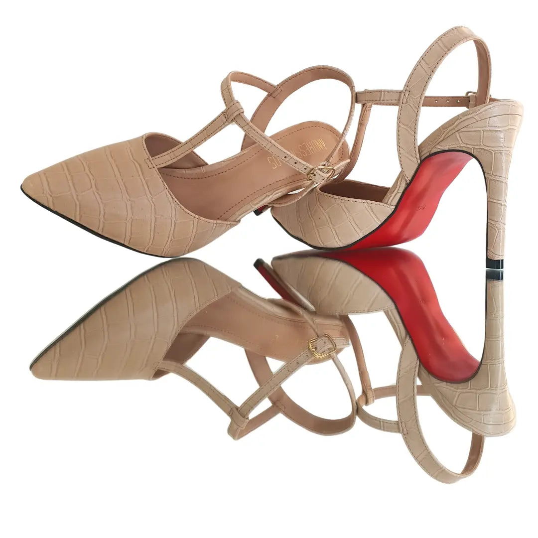 Scarpin Aberto Nude Croco Salto Alto 10cm Sola Vermelha