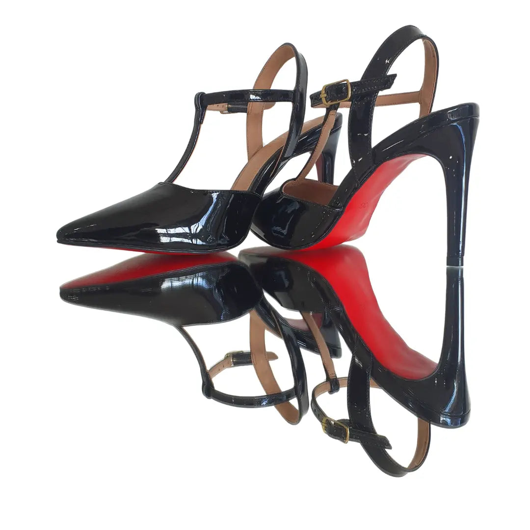Scarpin Aberto Preto Verniz Salto Alto 10cm Sola Vermelha