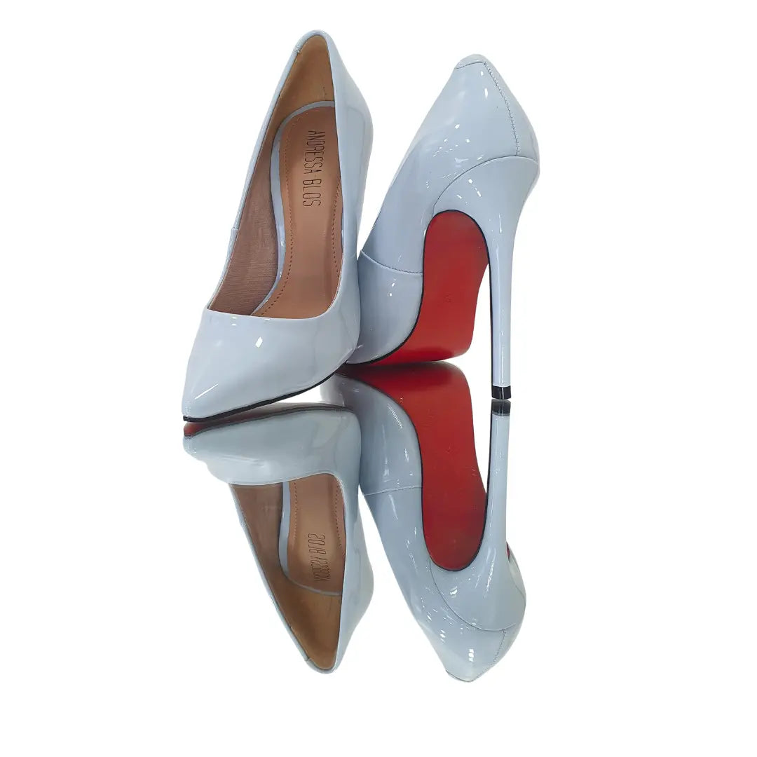 Scarpin Azul Claro Verniz Salto Alto 12cm Sola Vermelha
