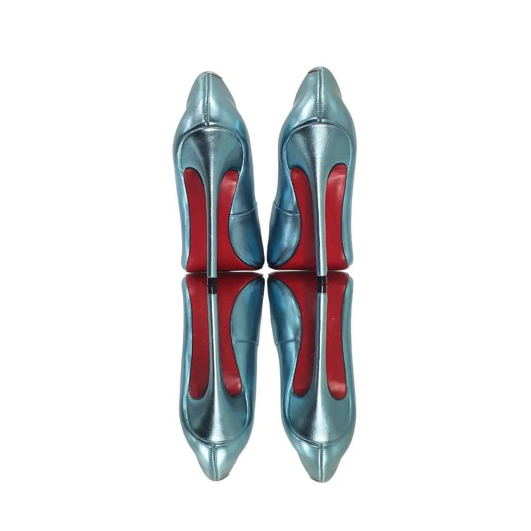 Scarpin Azul Claro Metalizado Salto Alto 12cm Sola Vermelha