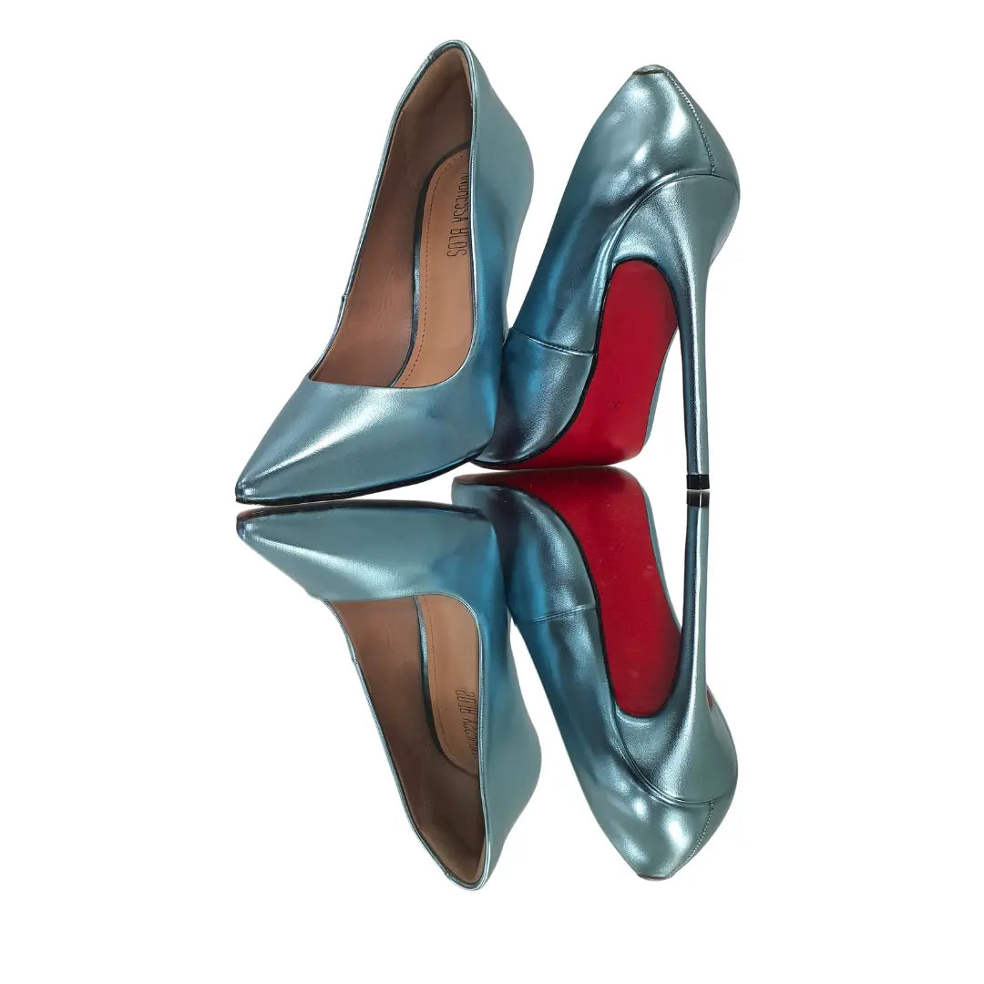 Scarpin Azul Claro Metalizado Salto Alto 12cm Sola Vermelha