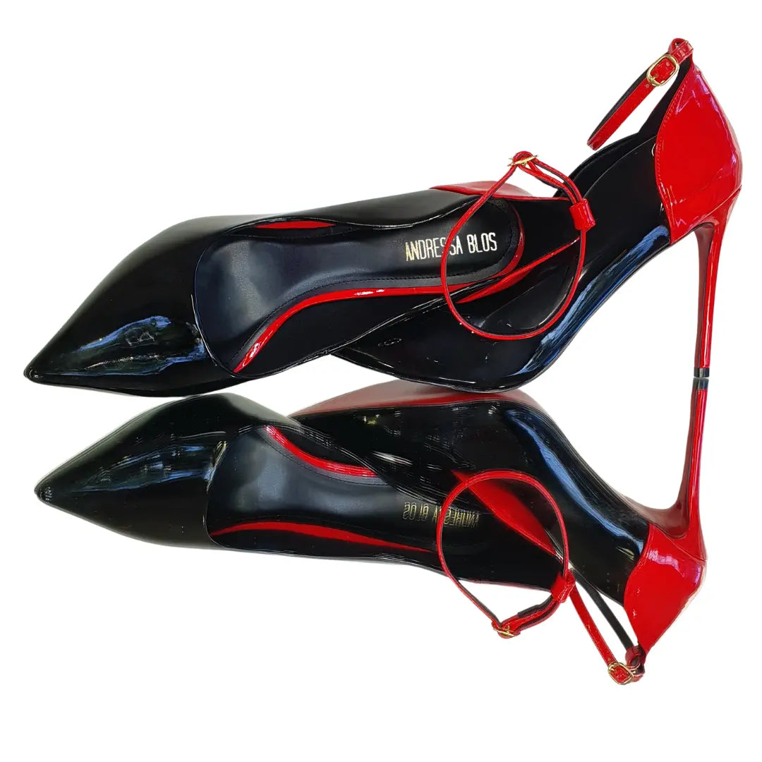 Scarpin Bicolor Preto Com Vermelho Verniz Salto Alto 12 cm Sola Vermelha