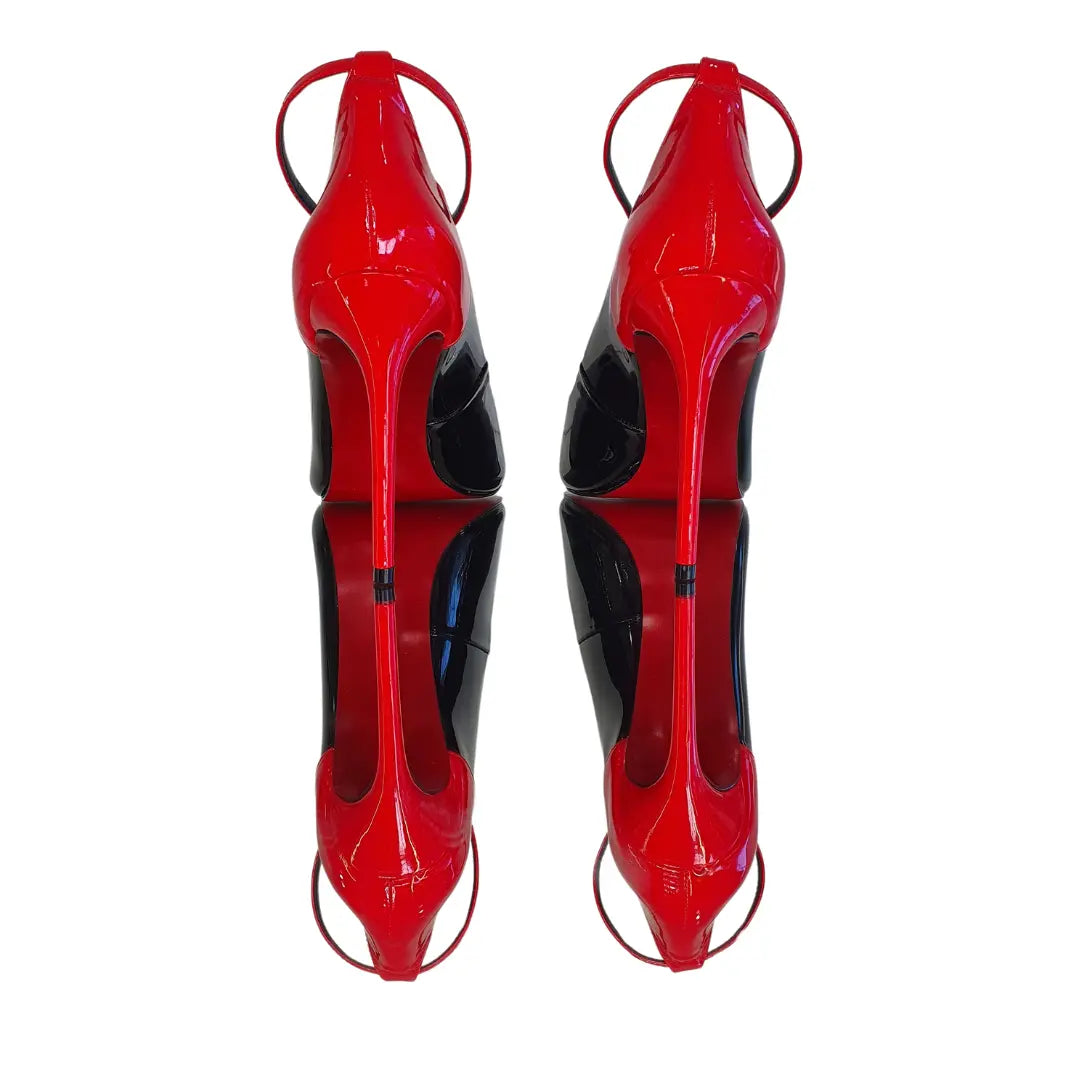 Scarpin Bicolor Preto Com Vermelho Verniz Salto Alto 12 cm Sola Vermelha