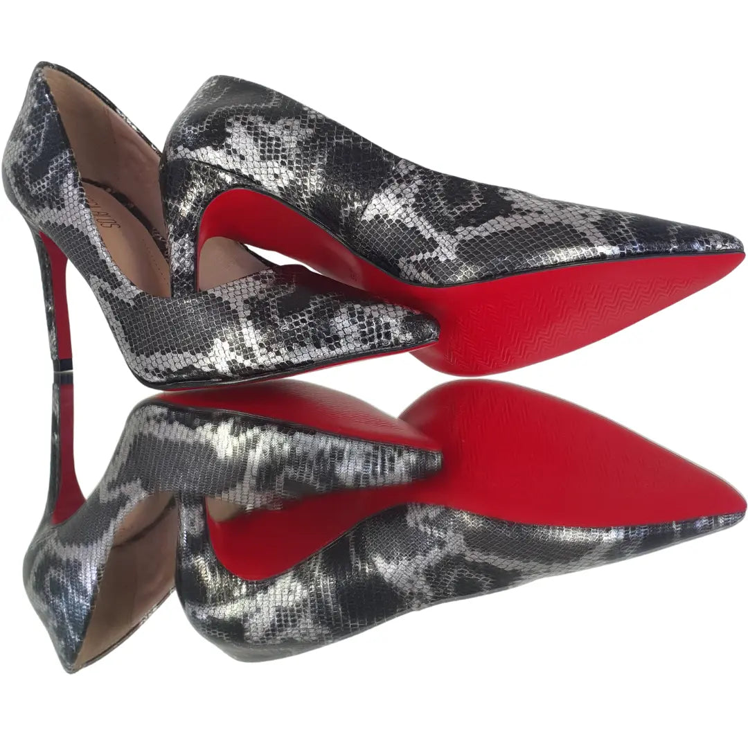 Scarpin Cobra Preto com Prata Salto Alto 10cm Sola Vermelha