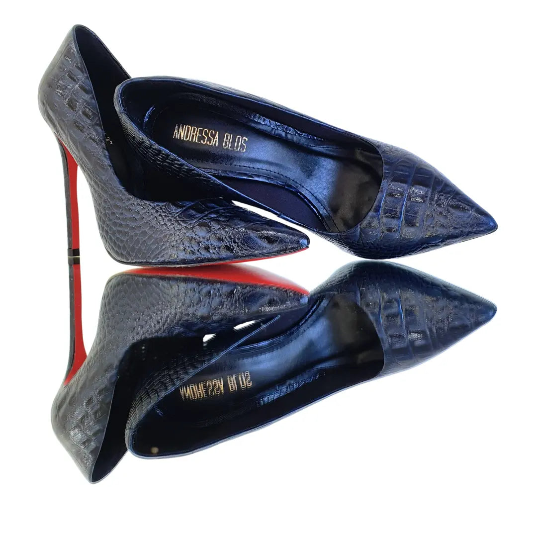 Scarpin Couro Legítimo Preto Croco Salto Alto 12cm Sola Vermelha
