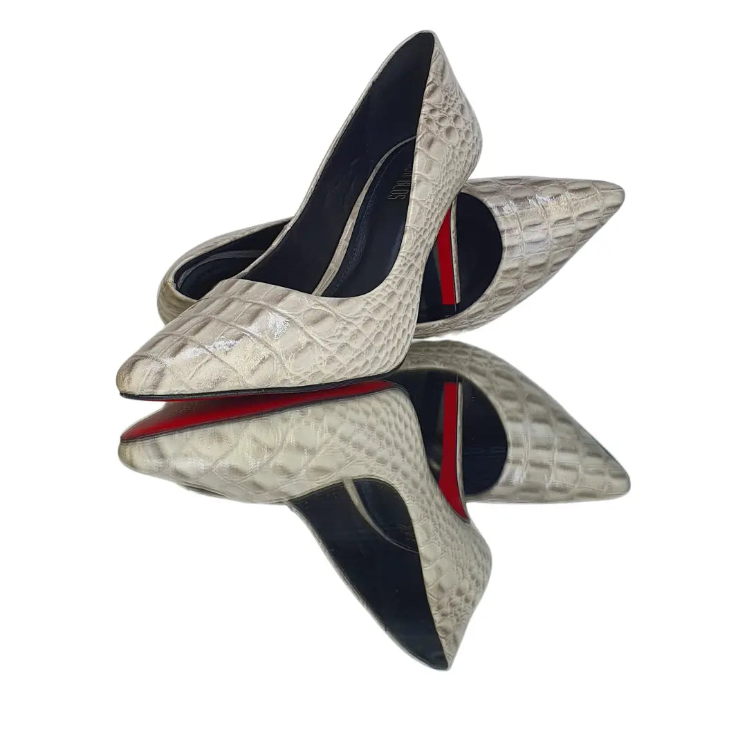 Scarpin Couro Legítimo Off White Croco Salto Alto 10cm Sola Vermelha