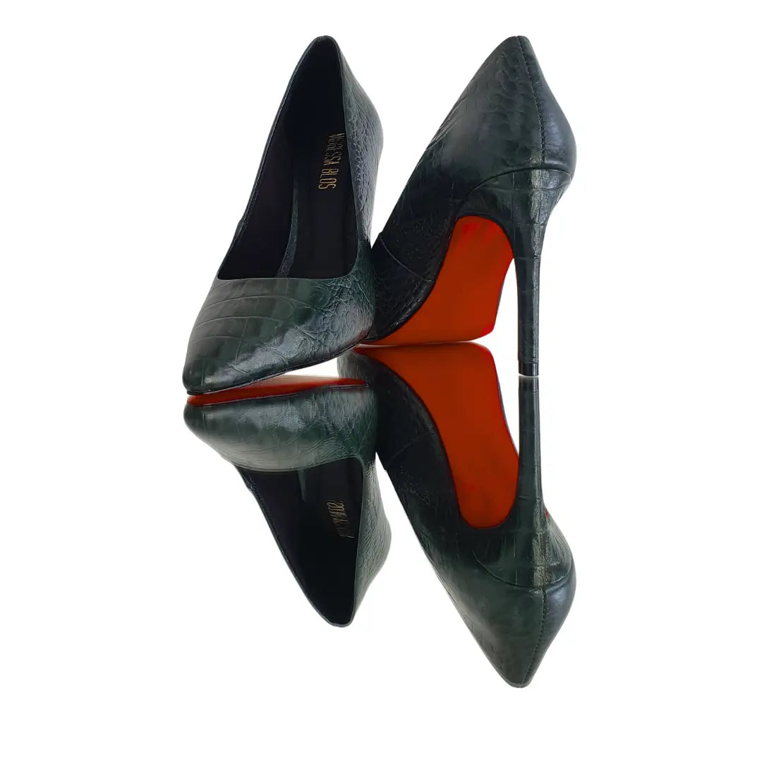 Scarpin Couro Legítimo Verde Militar Croco Salto Alto 10cm Sola Vermelha