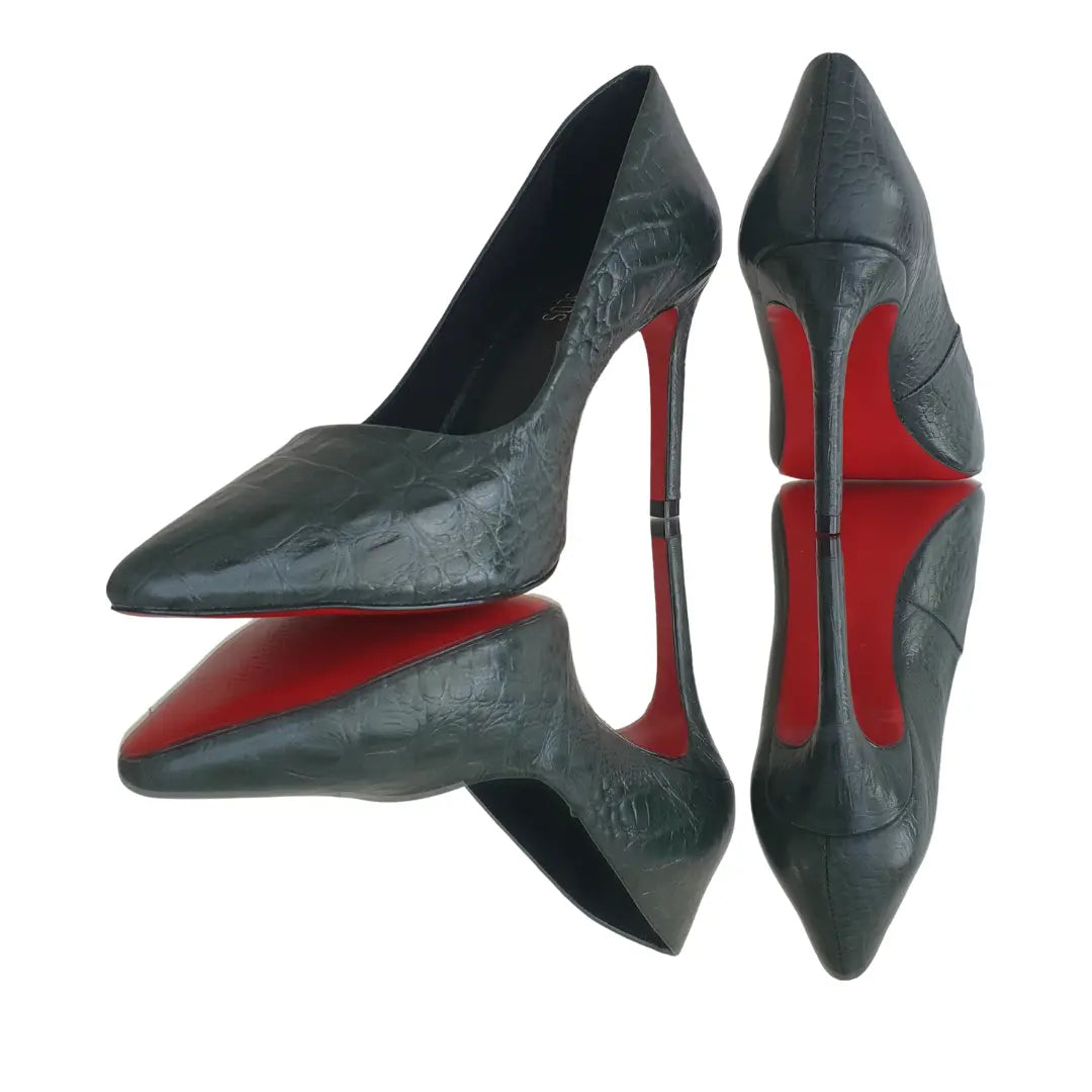 Scarpin Couro Legítimo Verde Militar Croco Salto Alto 10cm Sola Vermelha