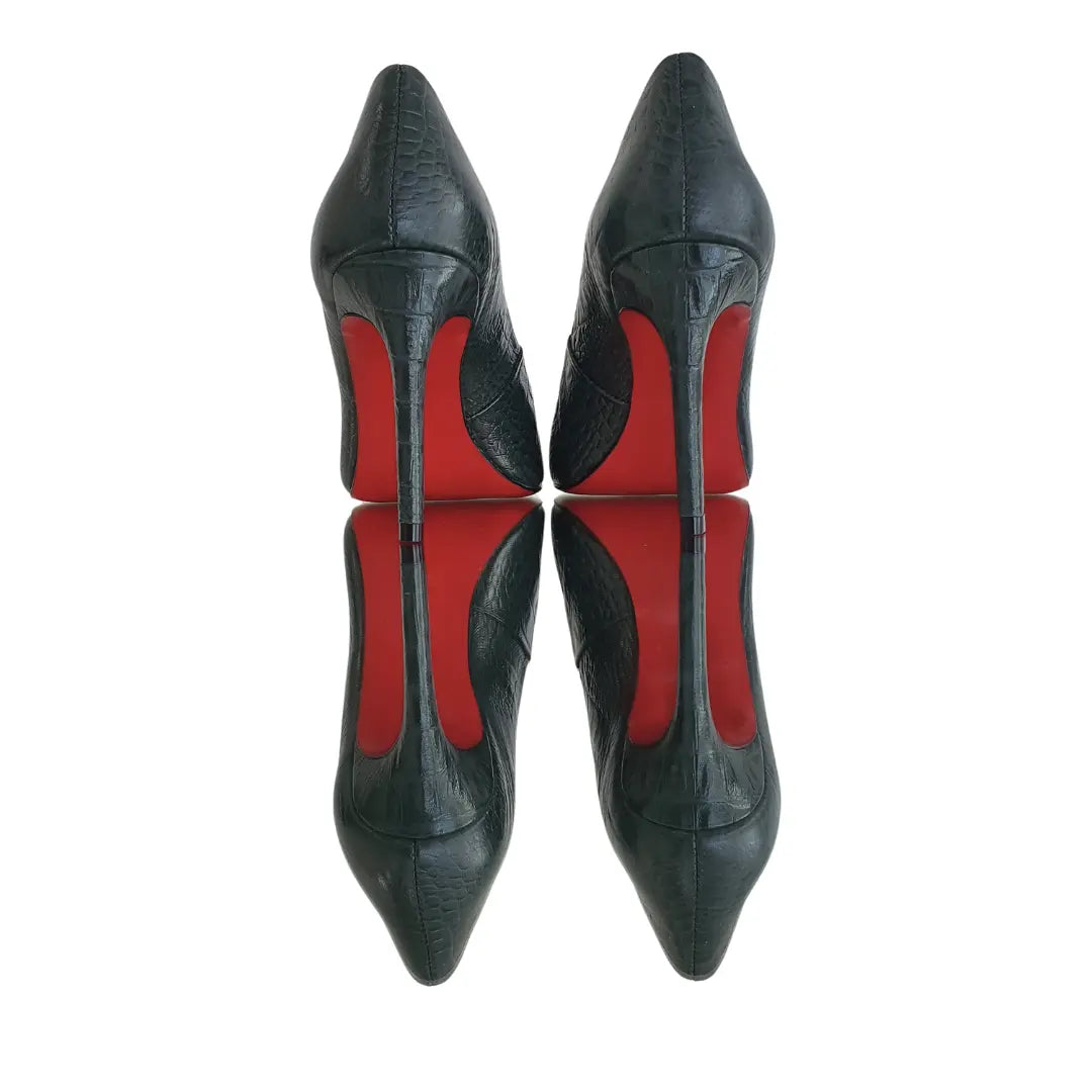 Scarpin Couro Legítimo Verde Militar Croco Salto Alto 10cm Sola Vermelha