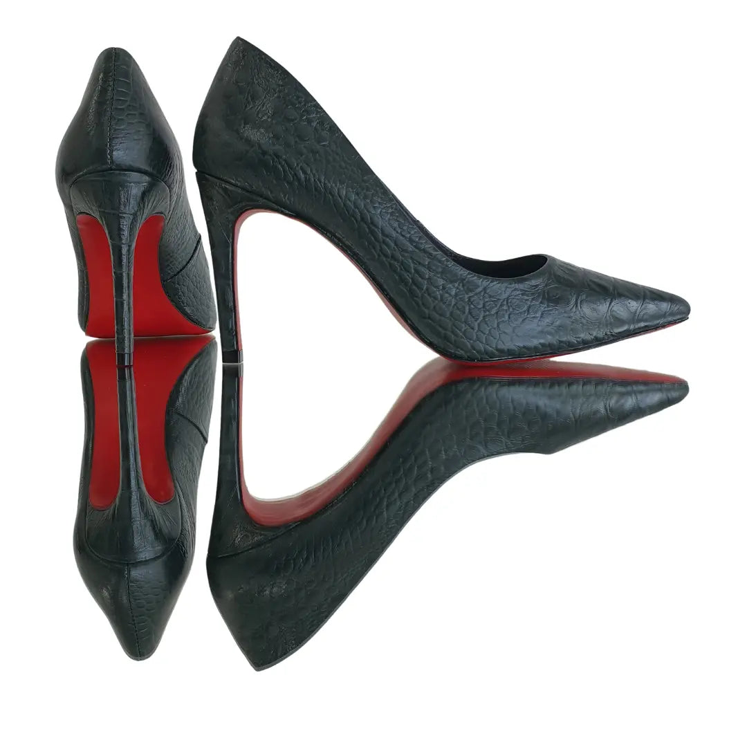 Scarpin Couro Legítimo Verde Militar Croco Salto Alto 10cm Sola Vermelha