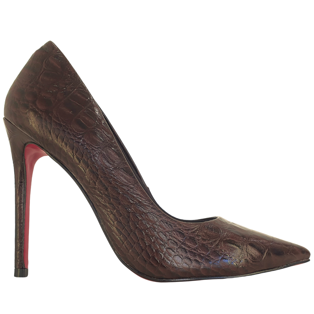 Scarpin Couro Legítimo Marrom Escuro Croco Salto Alto 12cm Sola Vermelha