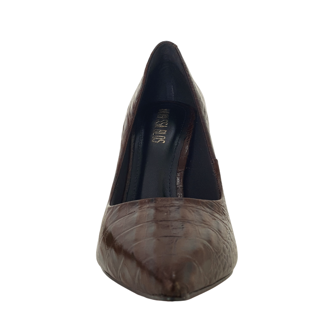 Scarpin Couro Legítimo Marrom Escuro Croco Salto Alto 12cm Sola Vermelha