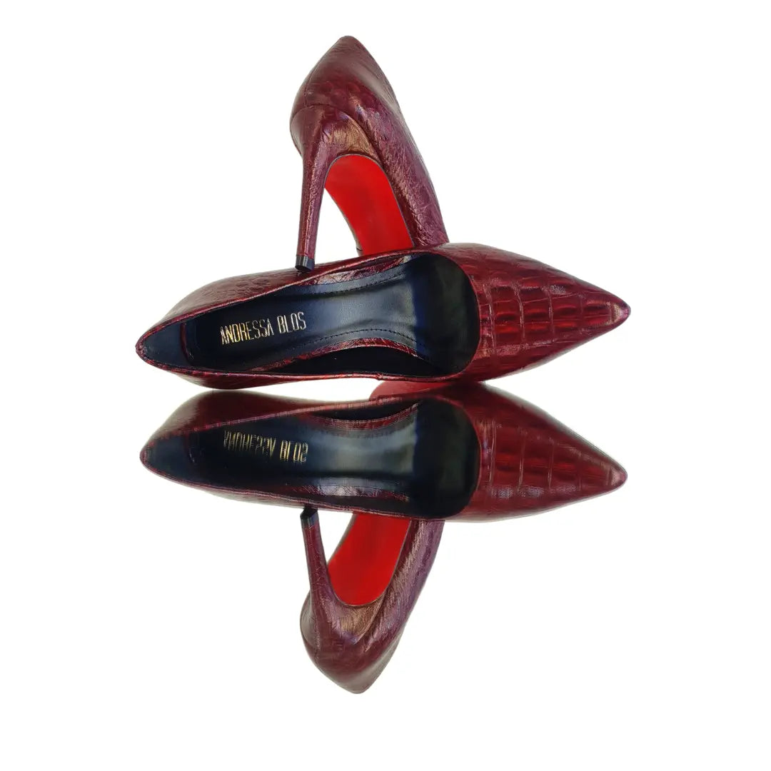 Scarpin Couro Legítimo Marsala Croco Salto Alto 10cm Sola Vermelha