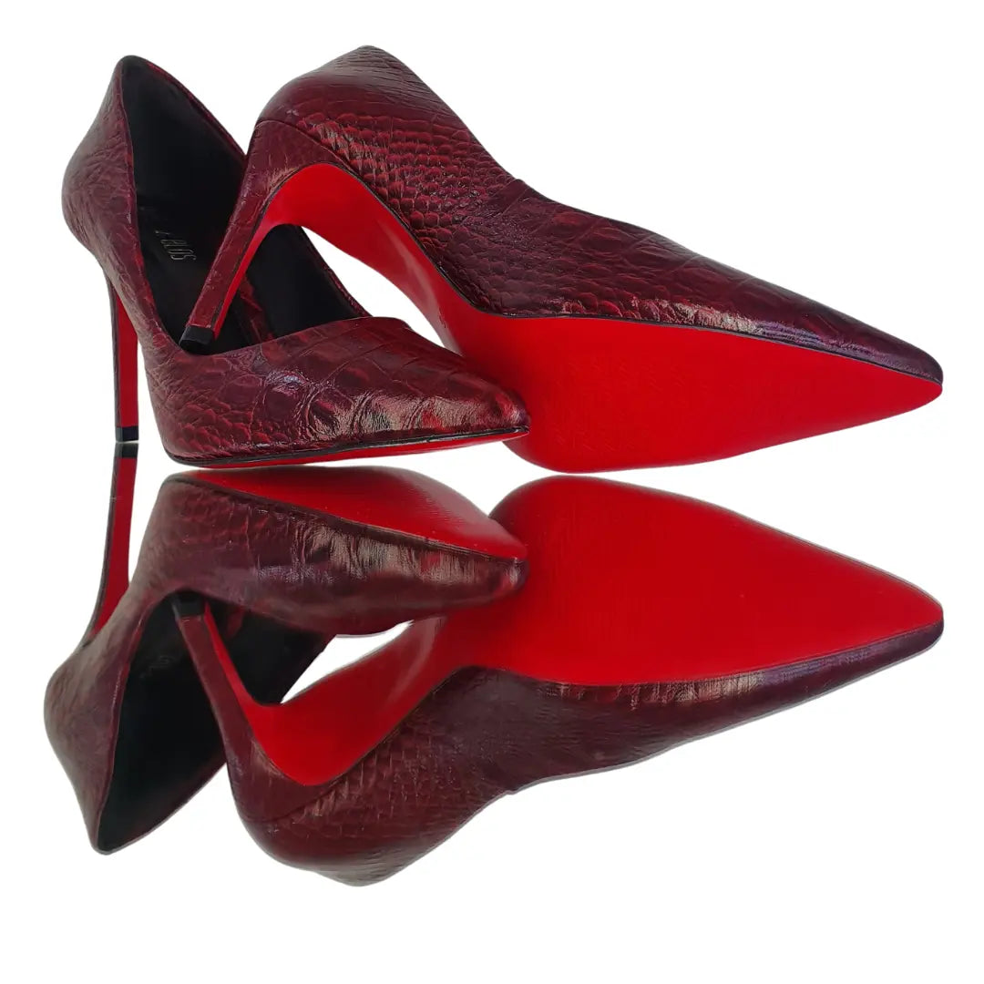 Scarpin Couro Legítimo Marsala Croco Salto Alto 10cm Sola Vermelha