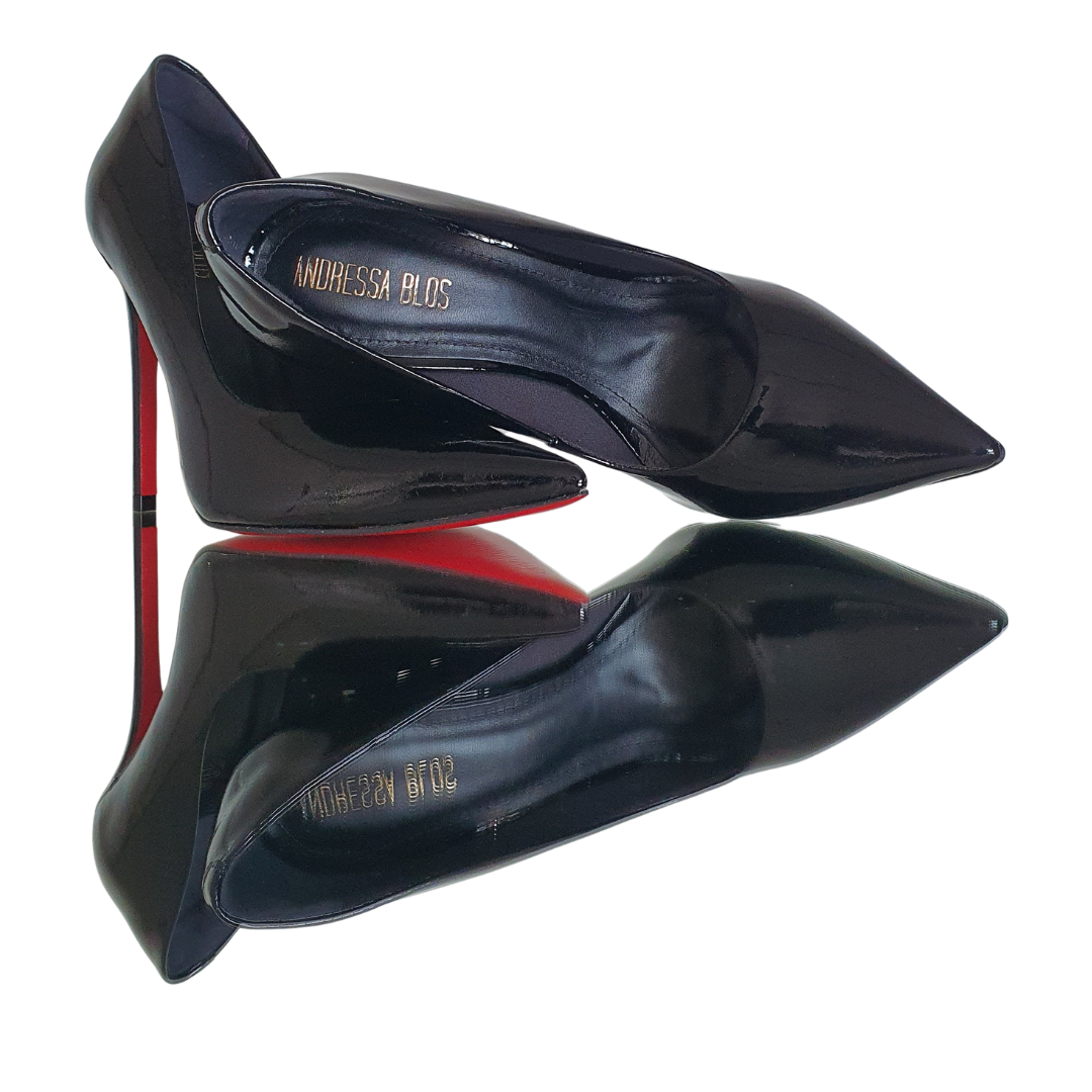 Scarpin Couro Legítimo Preto Verniz Salto Alto 12cm Sola Vermelha