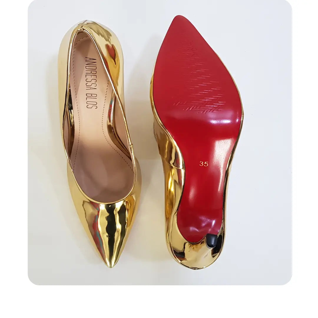 Scarpin Dourado Espelhado Salto Alto 10cm Sola Vermelha