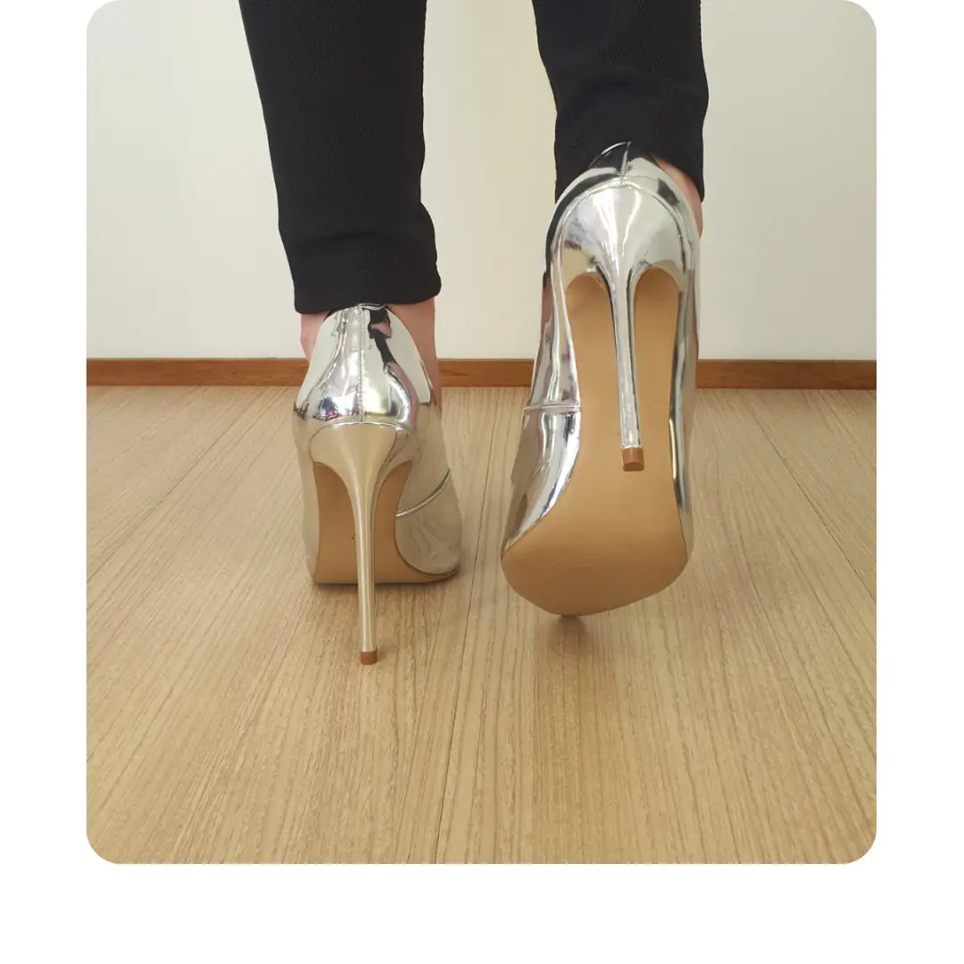 Scarpin Prata Espelhado Salto Alto 12cm Sola Bege