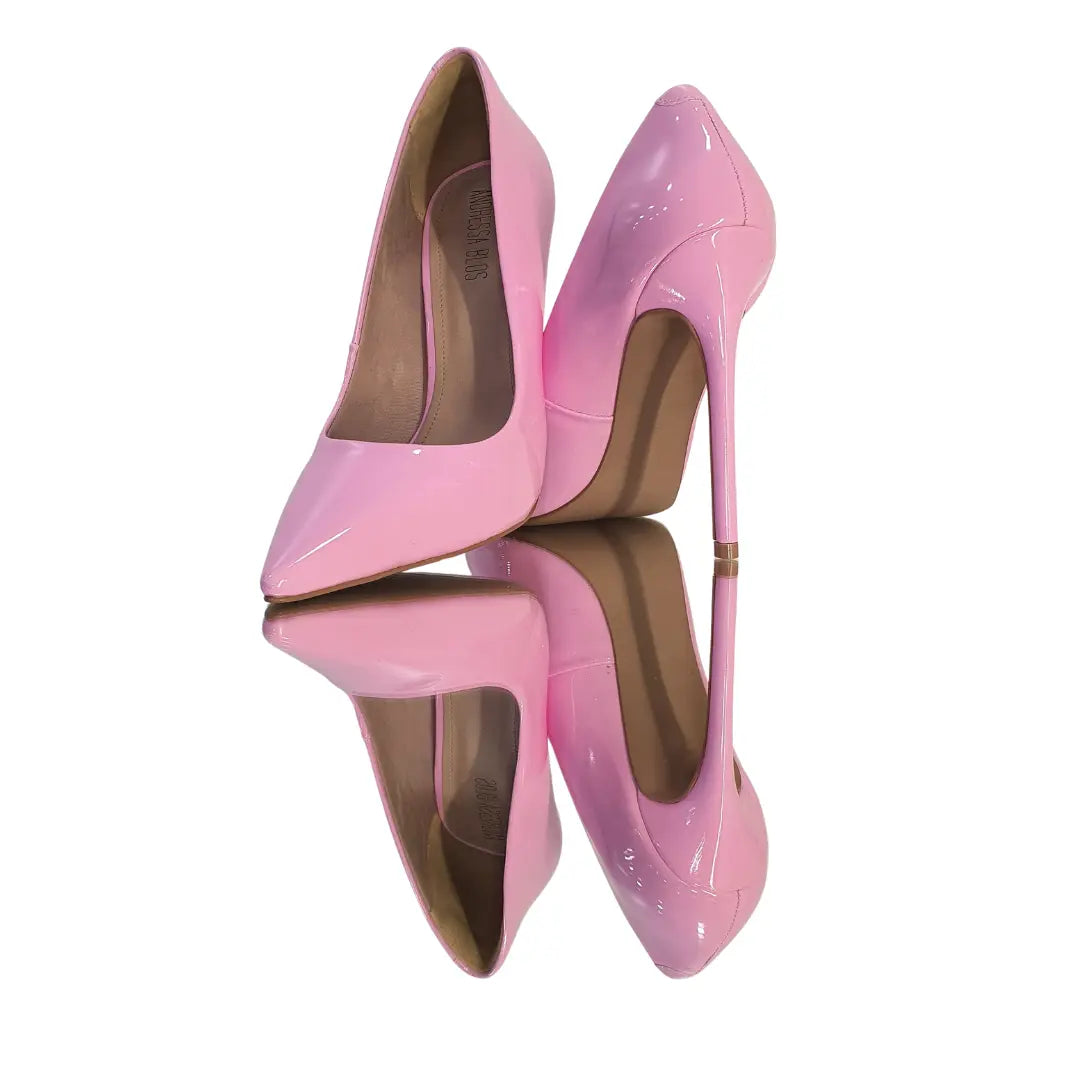 Scarpin Rosa Claro Verniz Salto Alto 12cm Sola Bege