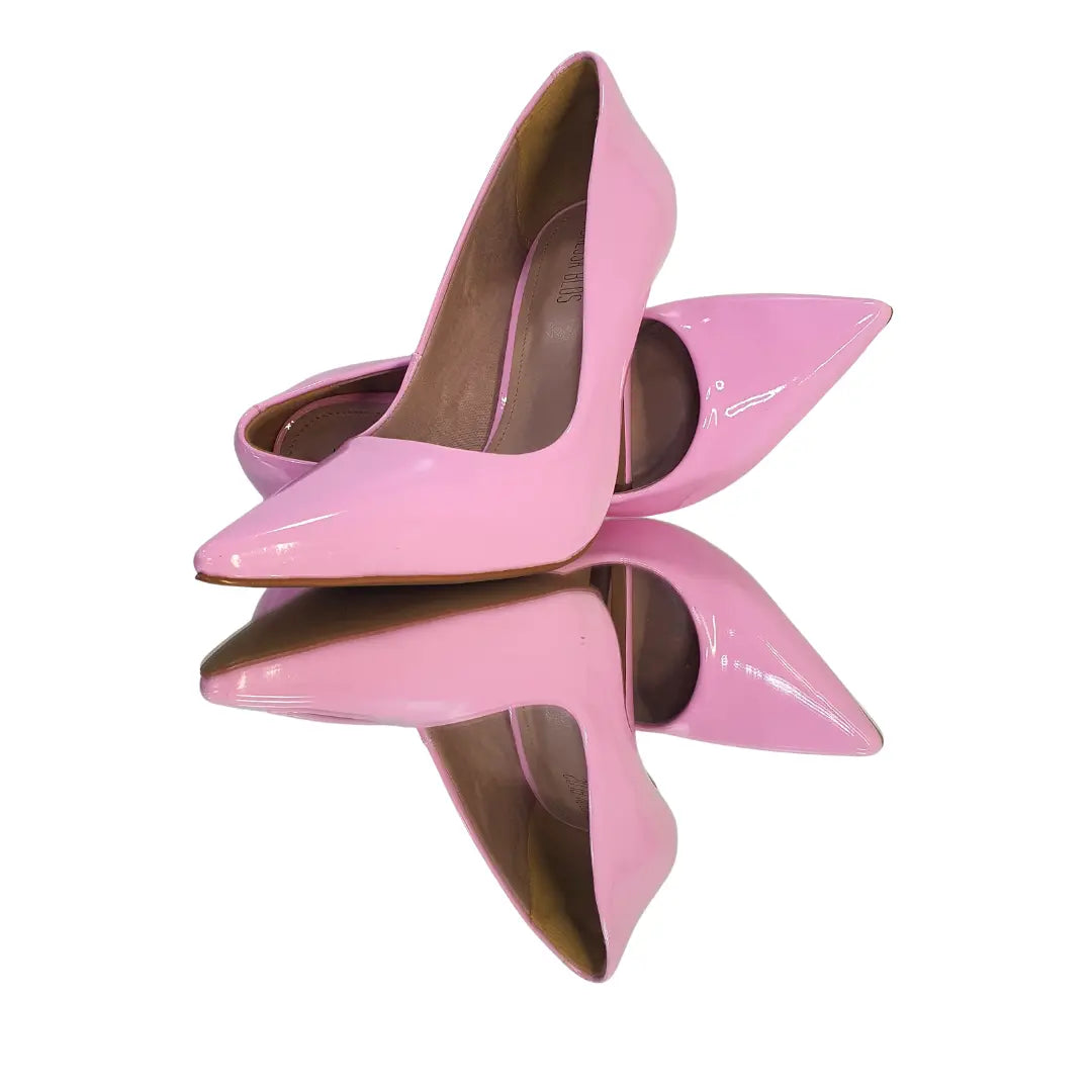 Scarpin Rosa Claro Verniz Salto Alto 12cm Sola Bege
