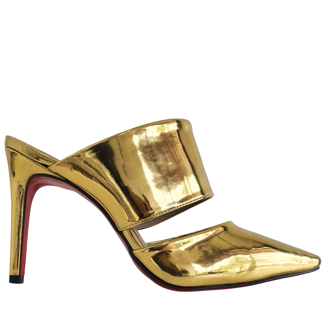 Mule Dourado Espelhado Salto Alto 10cm Sola Vermelha