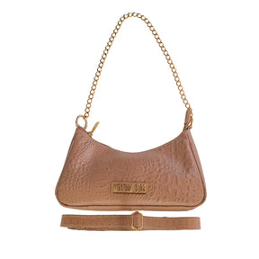 Bolsa Couro Legítimo Nude Croco Pequena Corrente Dourada Alça de Mão e Tiracolo Removível Modelo Paris