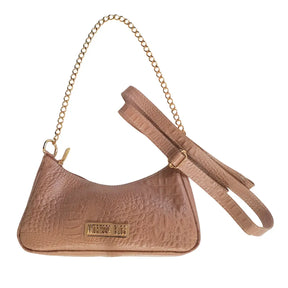 Bolsa Couro Legítimo Preto Croco Pequena Corrente Dourada Alça de Mão e Tiracolo Removível Modelo Paris