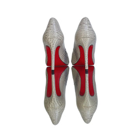 Scarpin Couro Legítimo Off White Croco Salto Alto 10cm Sola Vermelha