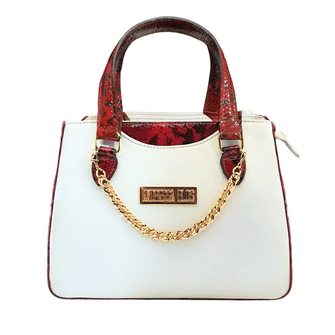 Bolsa Couro Legítimo Branco com Vermelho Cobra Com Alça de Mão e Tiracolo Removível