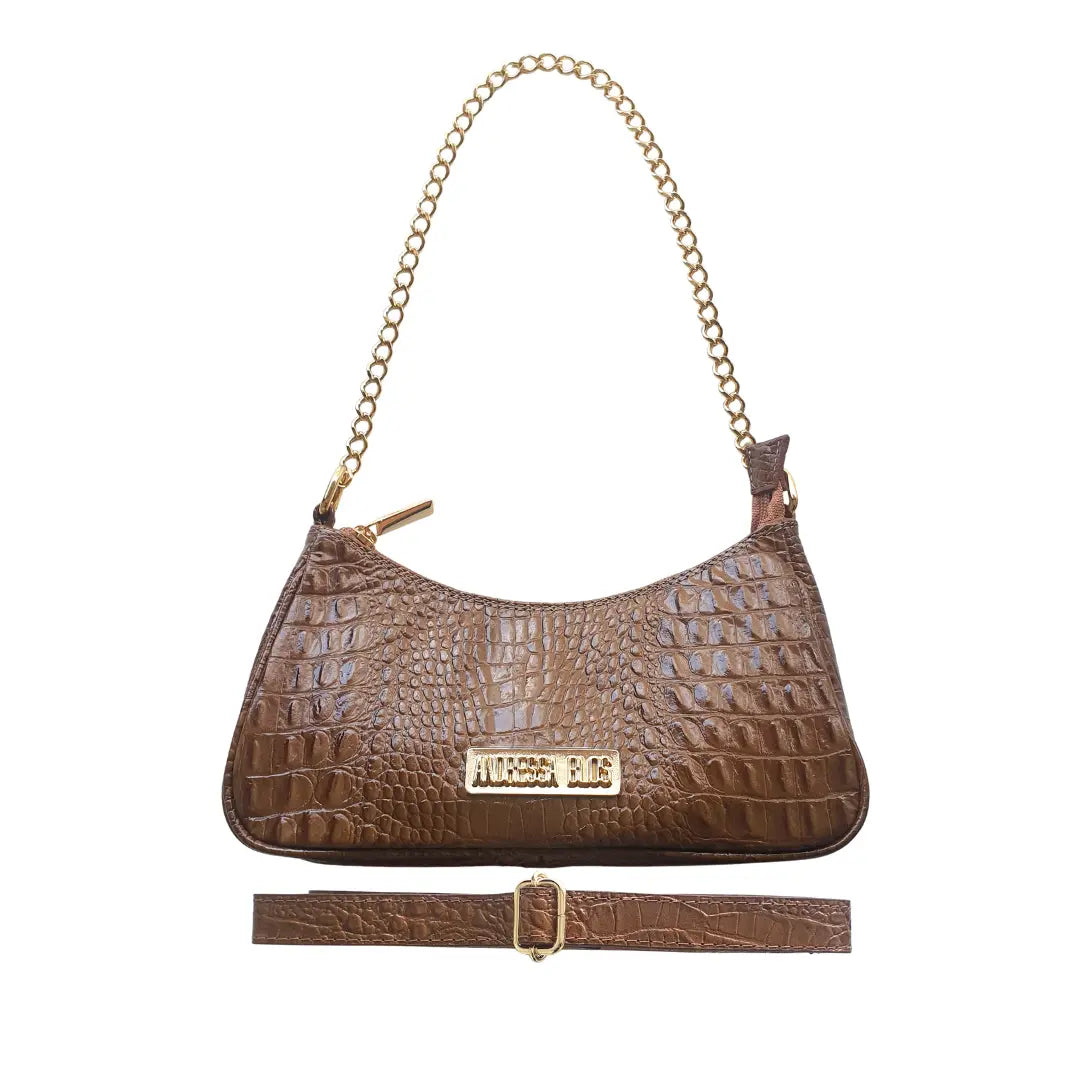 Bolsa Couro Legítimo Caramelo Croco Pequena Corrente Dourada Alça de Mão e Tiracolo Removível Modelo Paris