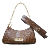 Bolsa Paris Couro Legítimo Caramelo Croco Pequena Corrente Dourada Alça de Mão e Tiracolo Removível