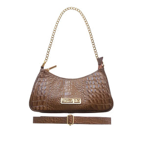 Bolsa Paris Couro Legítimo Caramelo Croco Pequena Corrente Dourada Alça de Mão e Tiracolo Removível