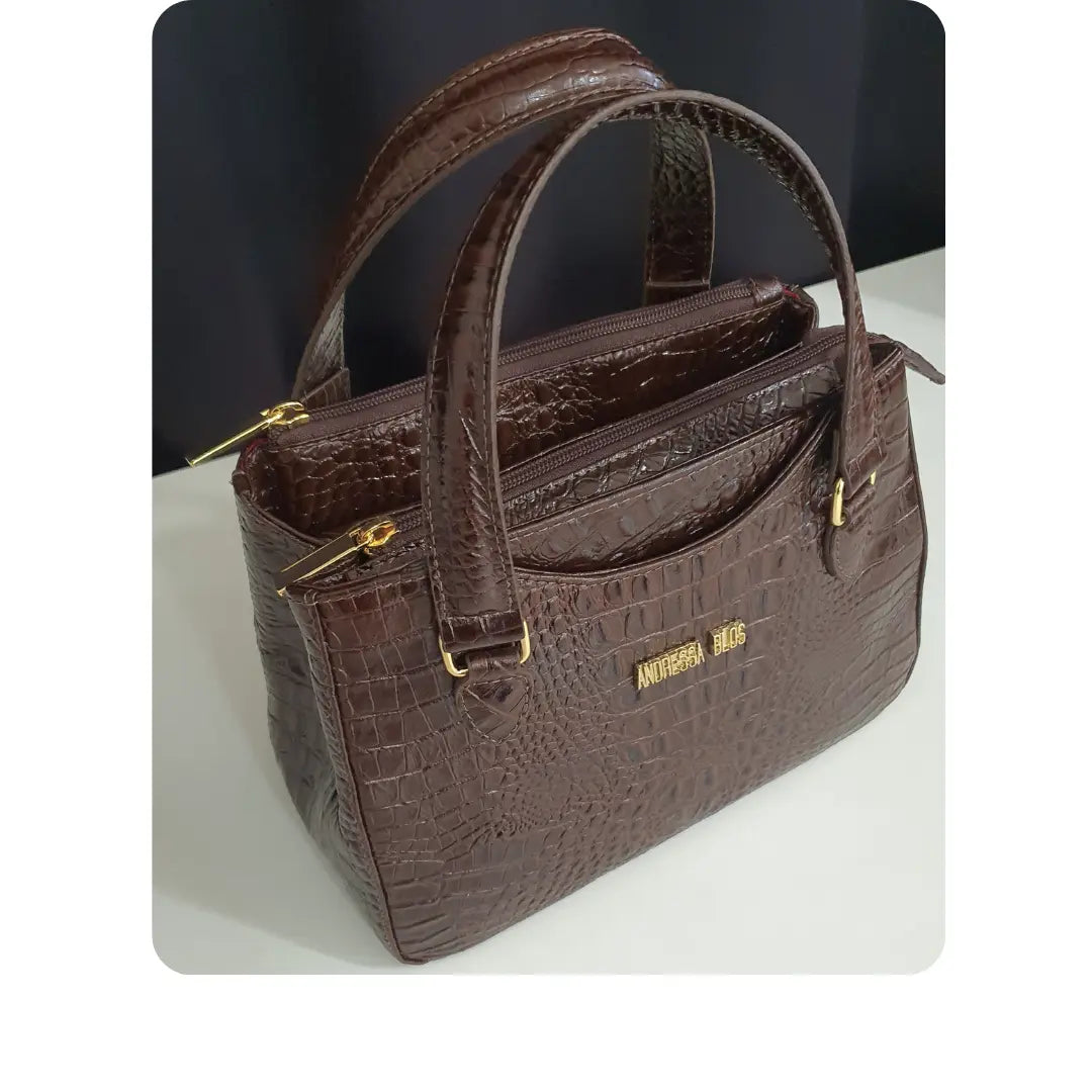 Bolsa Couro Legítimo Marrom Escuro Croco Com Alça Transversal Removível