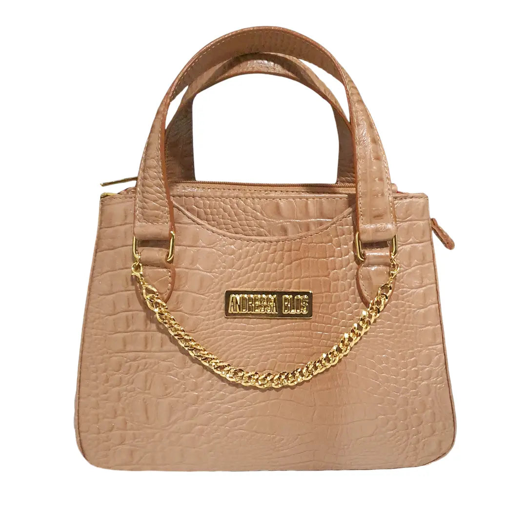 Bolsa Couro Legítimo Nude Croco Com Alça de Mão e Tiracolo Removível