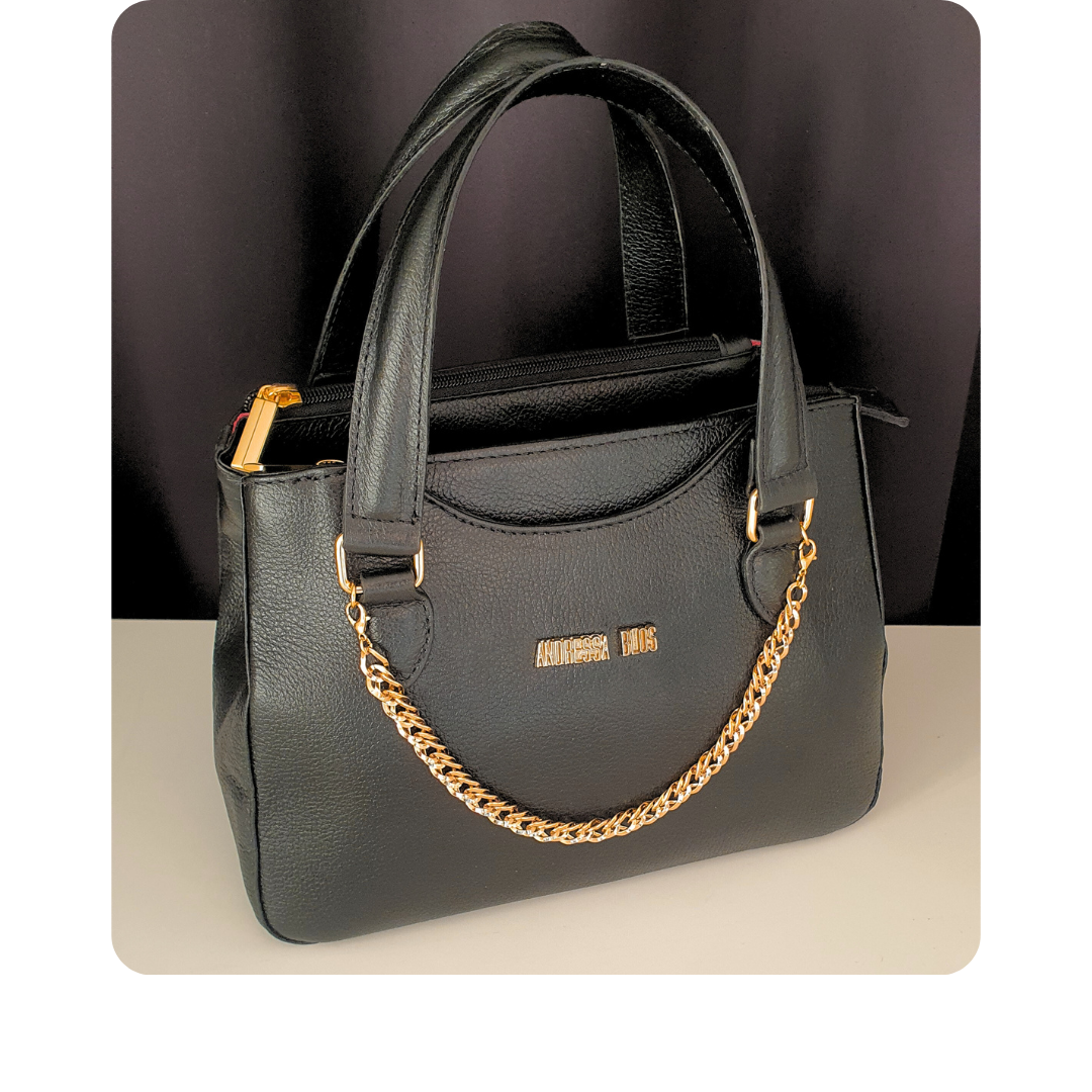 Bolsa Couro Legítimo Preto Fosco Com Alça de Mão e Tiracolo Removível