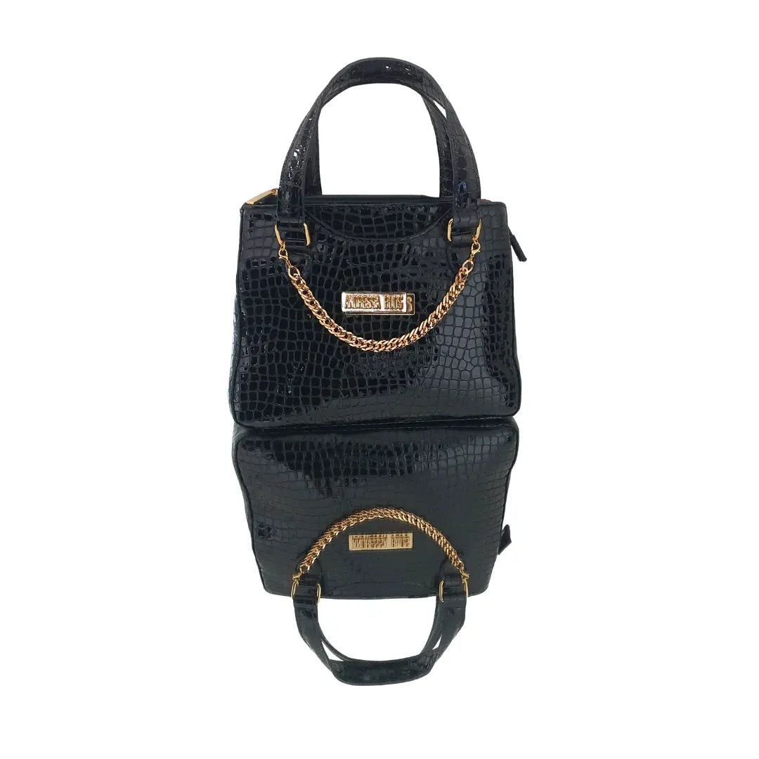 Bolsa Couro Legítimo Preto Verniz Croco Com Alça de Mão e Tiracolo Removível
