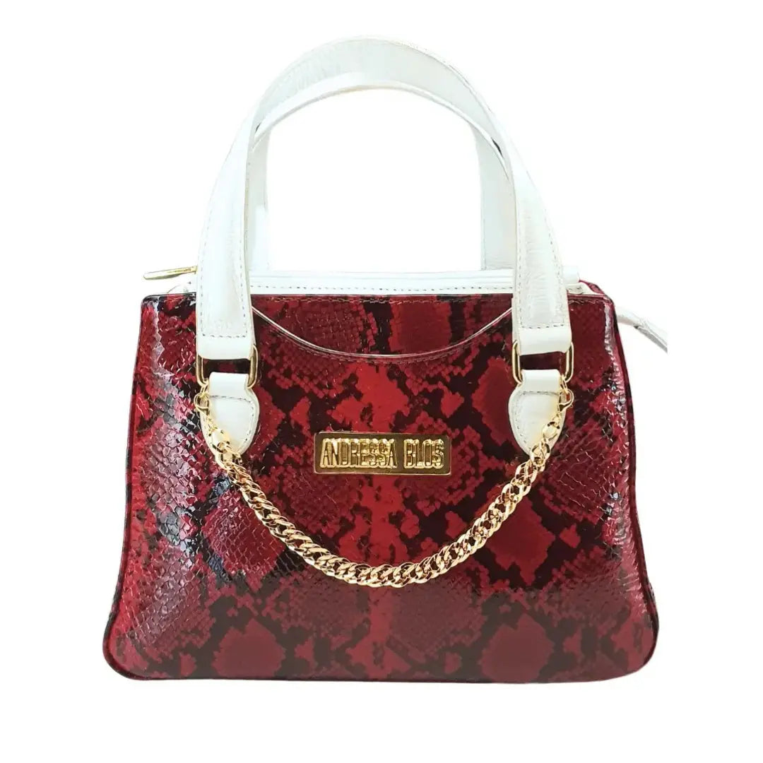 Bolsa Couro Legítimo Vermelho Cobra com Branco Com Alça de Mão e Tiracolo Removível