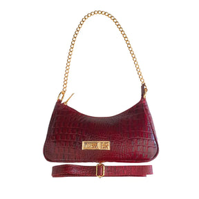 Bolsa Couro Legítimo Marsala Croco Pequena Corrente Dourada Alça de Mão e Tiracolo Removível Modelo Paris