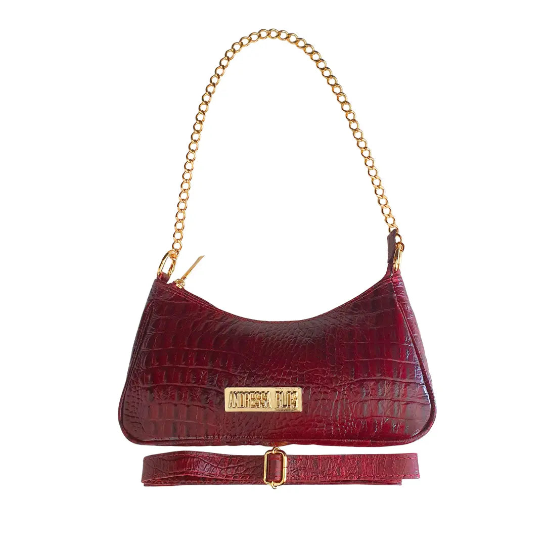 Bolsa Paris Couro Legítimo Marsala Croco Pequena Corrente Dourada Alça de Mão e Tiracolo Removível