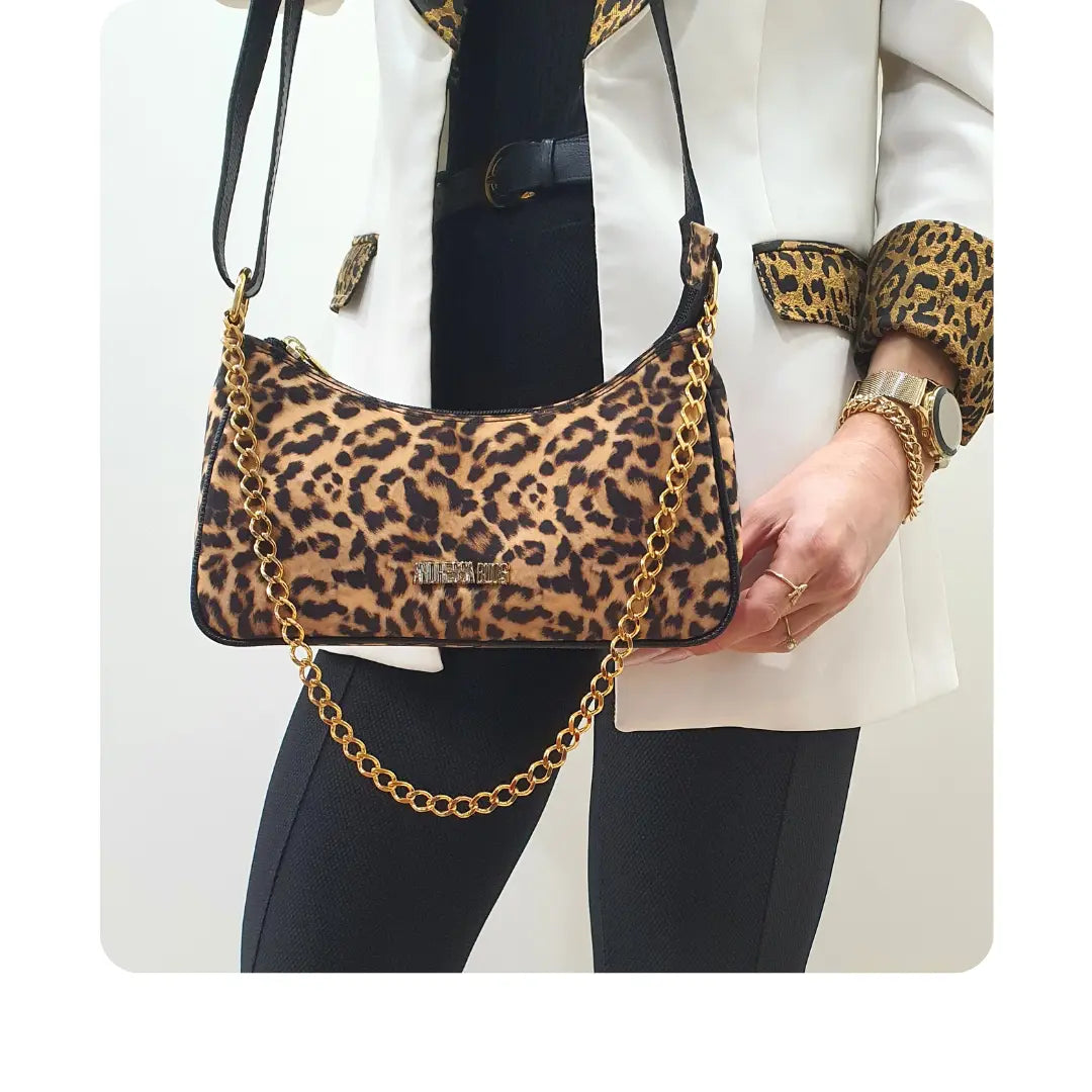 Bolsa Onça Estampada Pequena Corrente Dourada Com Alça de Mão e Tiracolo Removível Modelo Paris