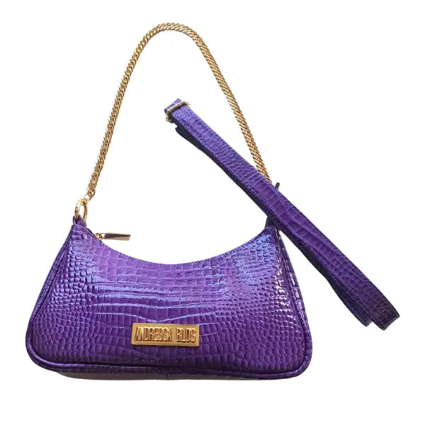 Bolsa Paris Couro Legítimo Roxo Croco Verniz Pequena Corrente Dourada Alça de Mão e Tiracolo Removível