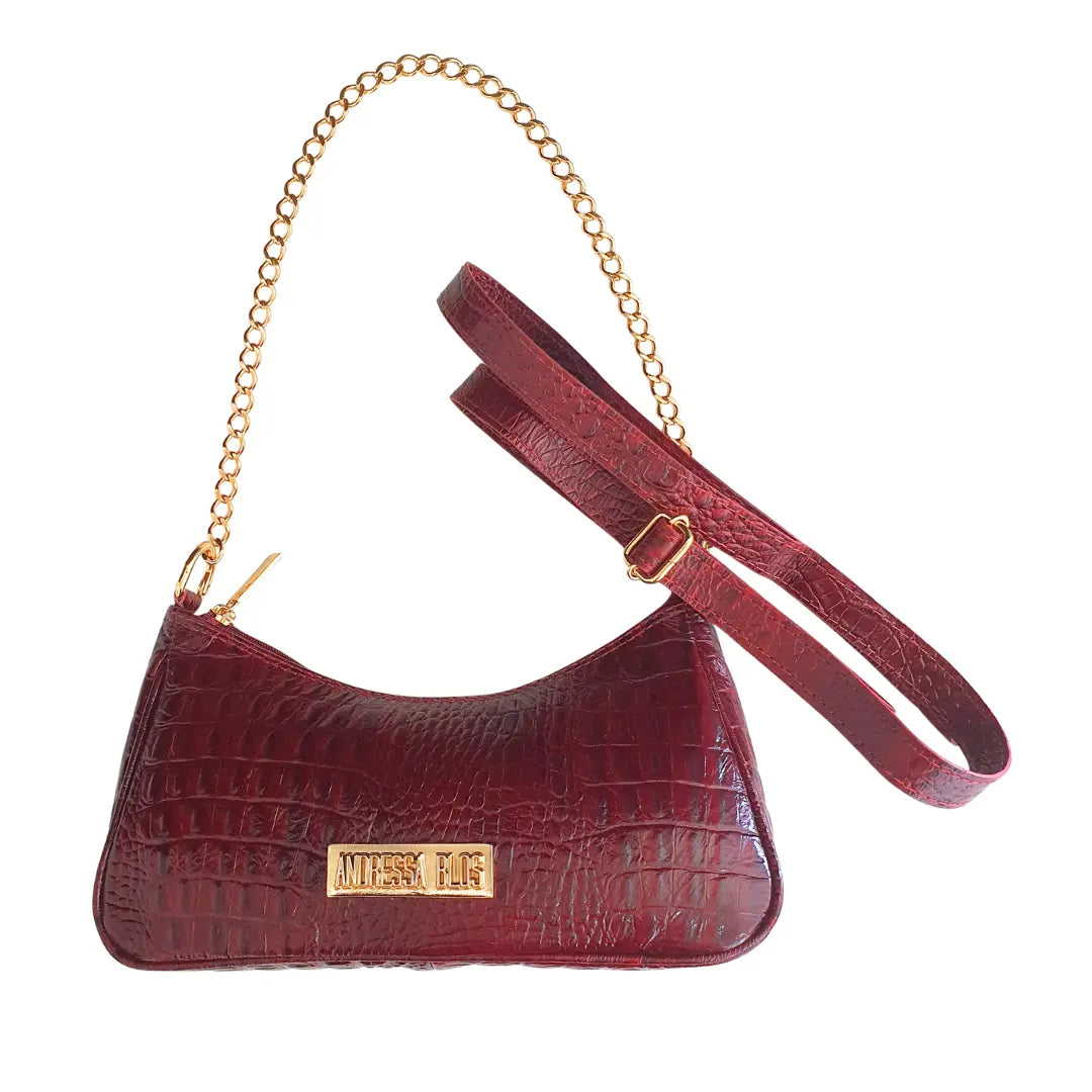 Bolsa Couro Legítimo Marsala Croco Pequena Corrente Dourada Alça de Mão e Tiracolo Removível Modelo Paris